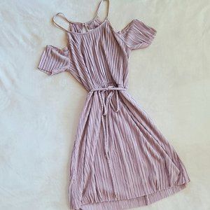 Everly Pleated Satin Cold Shoulder Dress w/ Tie Waist - Pink Champagne | Size M